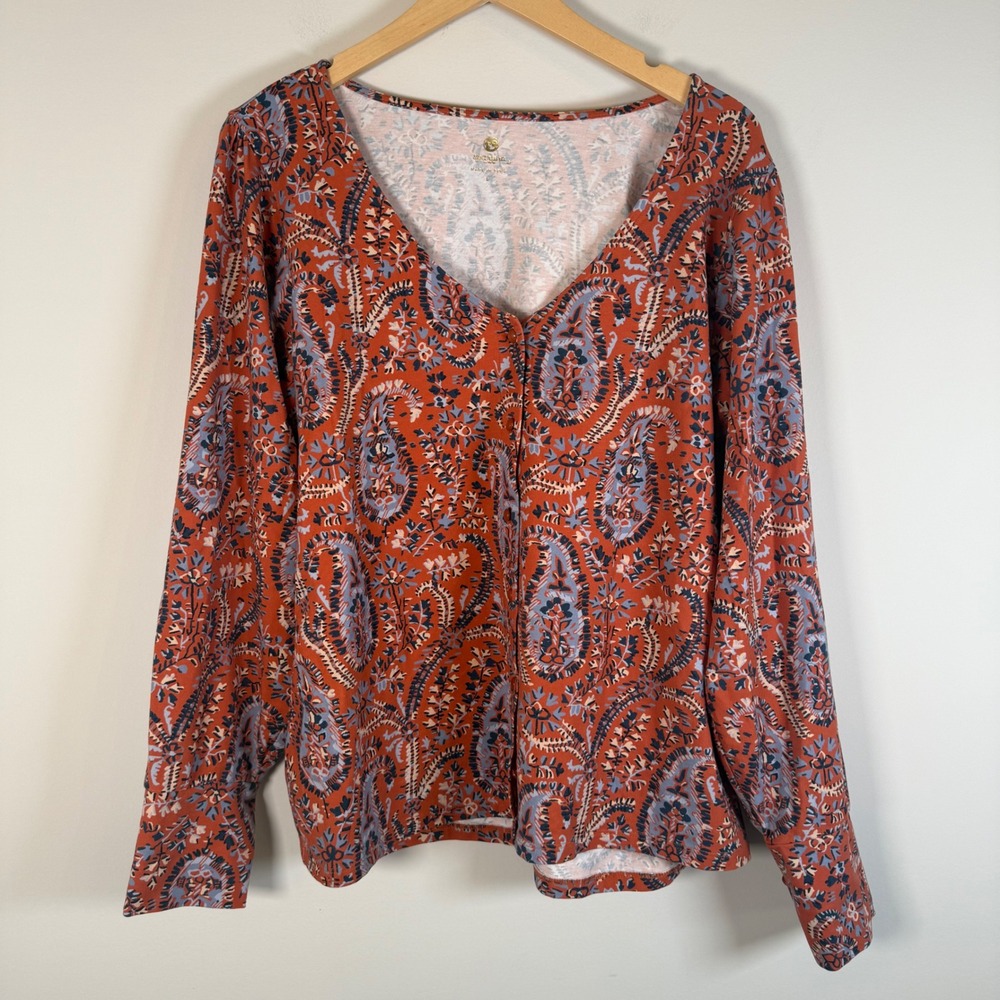 Spartina Paisley Button Up Front Cardigan Sweater Large Cotton Blend Stretch Top